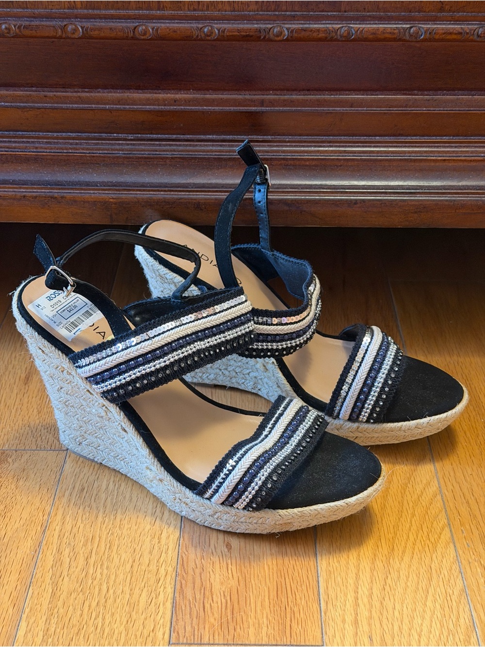 Beaded Black Wedge Espadrille Sandals with Ankle Strap